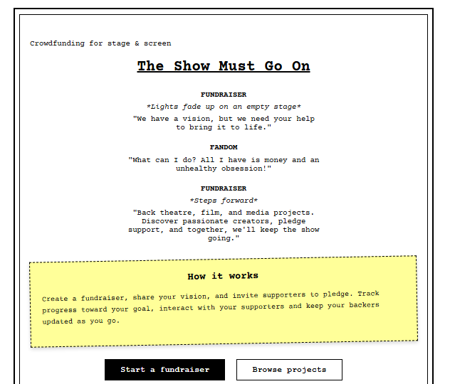 screenshot of home page of Show Must Go On